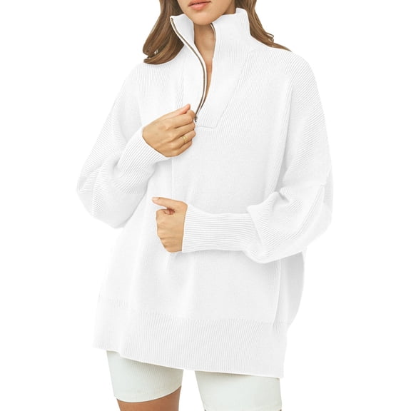 Women Long Sleeve Zip Pullover Oversized Slouchy Ribbed Knit Sweatshirt Tunic Sweater with Slit