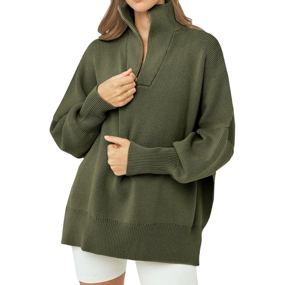 Women Long Sleeve Zip Pullover Oversized Slouchy Ribbed Knit Sweatshirt Tunic Sweater with Slit