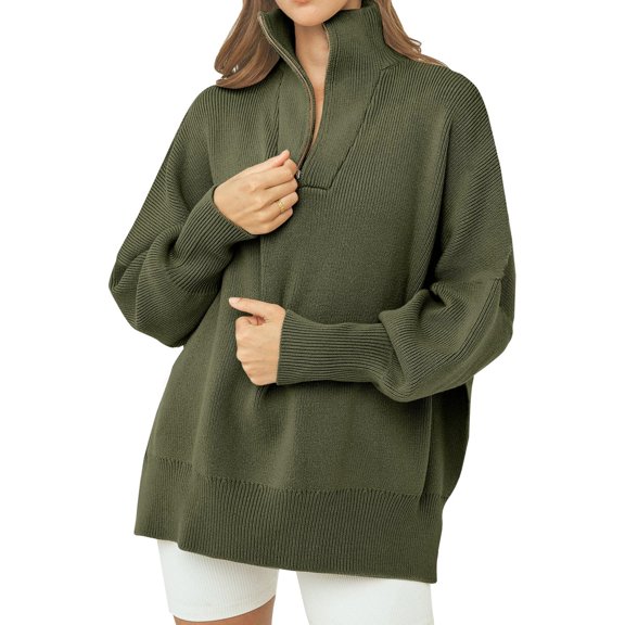 Women Long Sleeve Zip Pullover Oversized Slouchy Ribbed Knit Sweatshirt Tunic Sweater with Slit