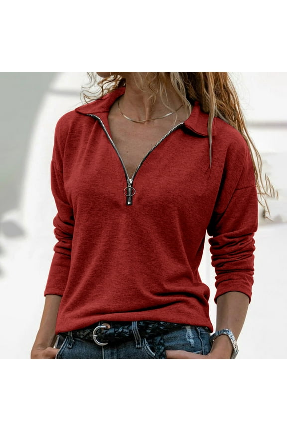 Womens Long Sleeve Zip Up Shirt Casual Spring Tops Fashion Collar Pullover Blouse Lightweight Solid Color Zipper Front Tunic Stylish Comfortable Tops for Work Daily Wear