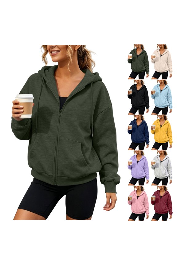 Womens Long Sleeve Zip-up Hoodies Jacket Casual Sweatshirt With Drop Shoulder Kangaroo Pocket And Ribbed Cuffs Jacket