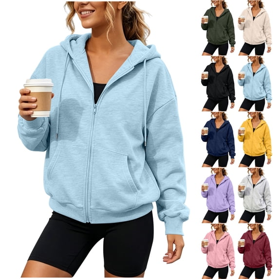 Womens Long Sleeve Zip-up Hoodies Jacket Casual Sweatshirt With Drop Shoulder Kangaroo Pocket And Ribbed Cuffs Jacket