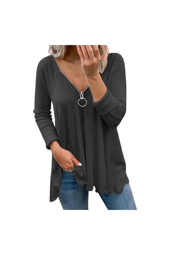 Womens Long Sleeve Zipped V Neck Plaid Tunic Blouses Ladies Sweatshirts Casual Work Chiffon Top
