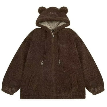 Womens Long Sleeve Zippered Bear Rabbits Ear Fuzzy Hoodie Jackets Oversized Faux Lamb Wool Sweatshirt Coat with Pockets