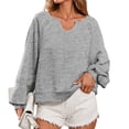 thumbnail image 1 of Womens Long Sleeved Oversized Sweatshirt Casual V Neck Lace Lantern Cropped Loose Fit Fall Pullover Tops, 1 of 5