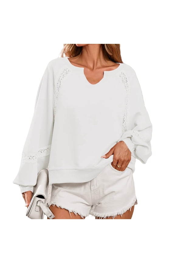 Womens Long Sleeved Oversized Sweatshirt Casual V Neck Lace Lantern Cropped Loose Fit Fall Pullover Tops