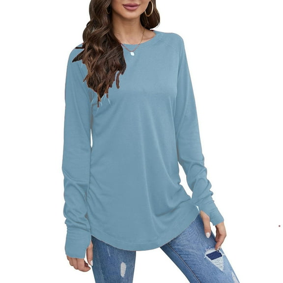 Womens Long Sleeved Shirts Fashion Solid Color Round Neck Blouses Extended Long Casual Loose Shirt Spring Summer with Thumb Hole Pullover Top 02#Blue S