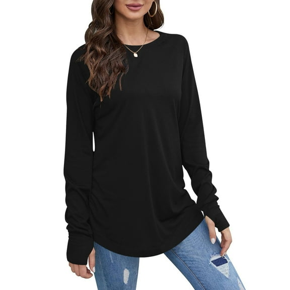 Womens Long Sleeved Shirts Fashion Solid Color Round Neck Blouses Extended Long Casual Loose Shirt Spring Summer with Thumb Hole Pullover Top 03#Black M