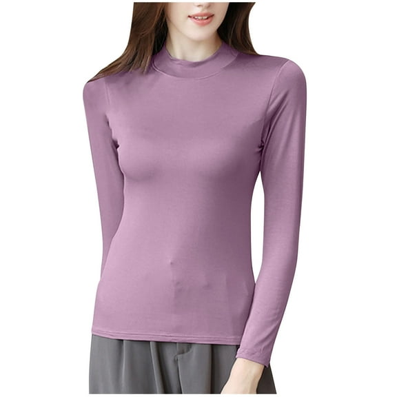 Womens Long Sleeved Shirts Half High Collar Sleeping Blouses Home Cotton Shirt with Chest Cushion Solid Color Slim Blouse Pullover Top Purple XXL