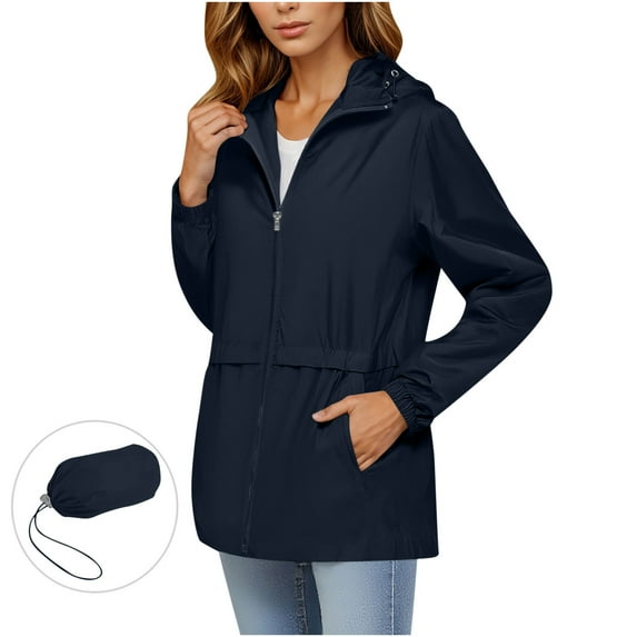 Womens Long Sleeved Windbreaker Solid Color Jacket Outdoor Hooded Short Coat for Running Women's Waterproof Jacket Hooded with Pockets for Outdoor Coats for Women（Includes storage bag）