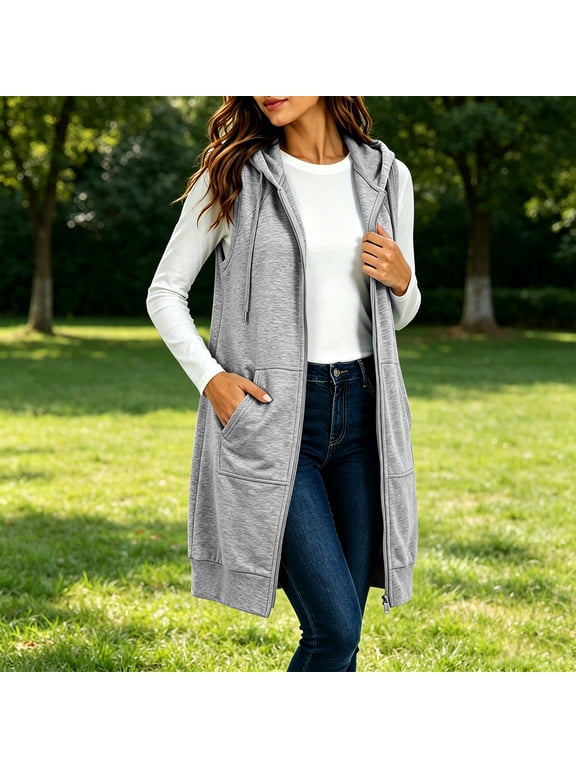 Womens Long Sleeveless Vest Full Zipper Casual Hoodie Jacket with Pockets for Fall Winter Daily Wear Gray XXL