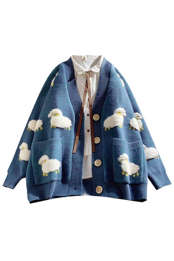 Womens Long Sleeves Open Front Cute Sheep Knitted Sweater Cardigan Coat Outwear