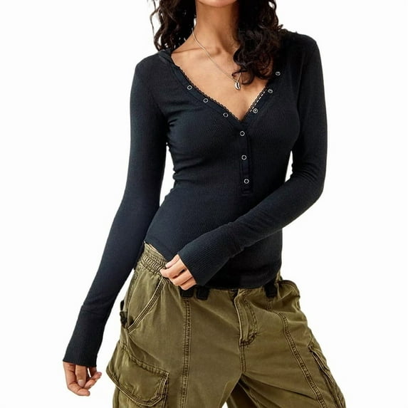 Womens Long Sleeves Ribbed Knit Tunic Scoop Neck Button Down Casual Henley Tee Shirt Slim Fit Blouses Black S