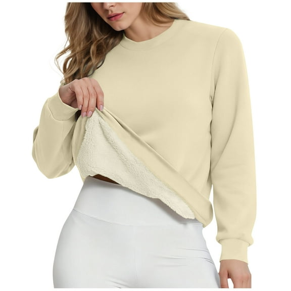 Womens Long Sleeves Tops New Women's Fashion Solid Loose T-Shirt Long Sleeves Blouse Round Neck Casual Tops Style B-32 Beige M