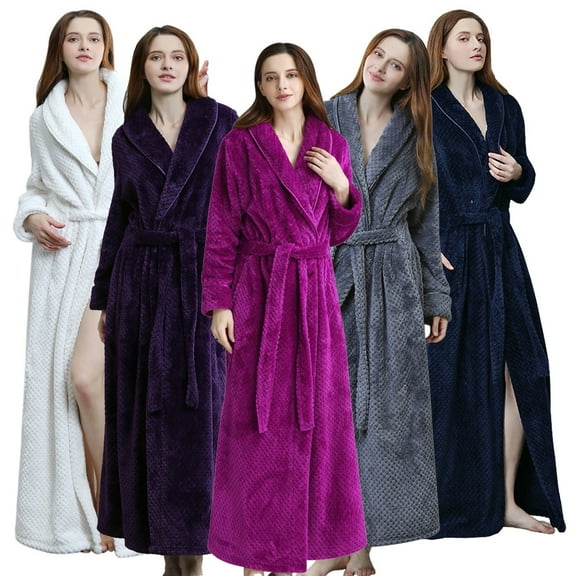 Womens Long Soft Fleece Robe Belted Warm Bathrobe Integrated Housecoat Comfortable Loungewear