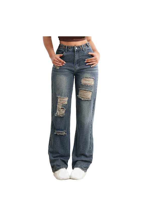 Womens Long Straight Leg Jeans Ripped Denims Mid Rise Pants Button Belted Trousers Dressy Casual Pant Solid Color Bottoms Vintage Frayed Jean Streetwear Summer Clothes