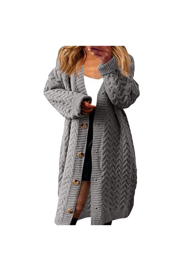Womens Long Sweater Cardigans Chunky Cable Knit Button Down Baggy Jackets Mid Length Outerwear with Ribbed Details (2XL, Gray)