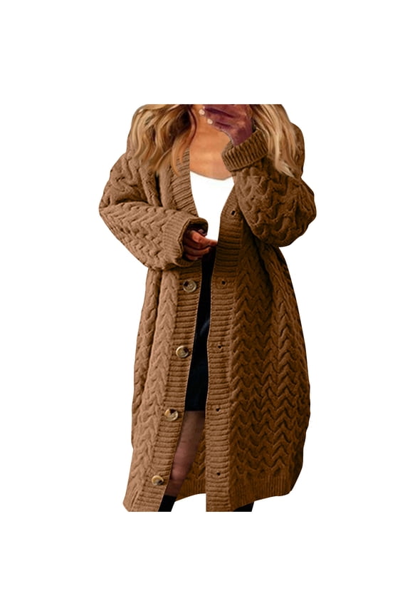 Womens Long Sweater Cardigans Chunky Cable Knit Button Down Baggy Jackets Mid Length Outerwear with Ribbed Details (XL, Brown)