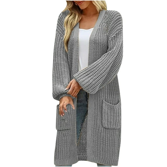 Womens Long Sweater Cardigans with Pockets Plus Size Midweight Lantern Sleeve Comfy Warm Mid Length Knit Jacket (Medium, Gray)