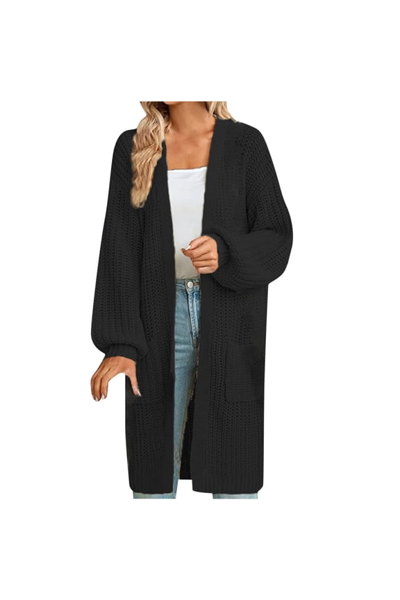 Womens Long Sweater Cardigans with Pockets Plus Size Midweight Lantern Sleeve Comfy Warm Mid Length Knit Jacket (XX-Large, Black)