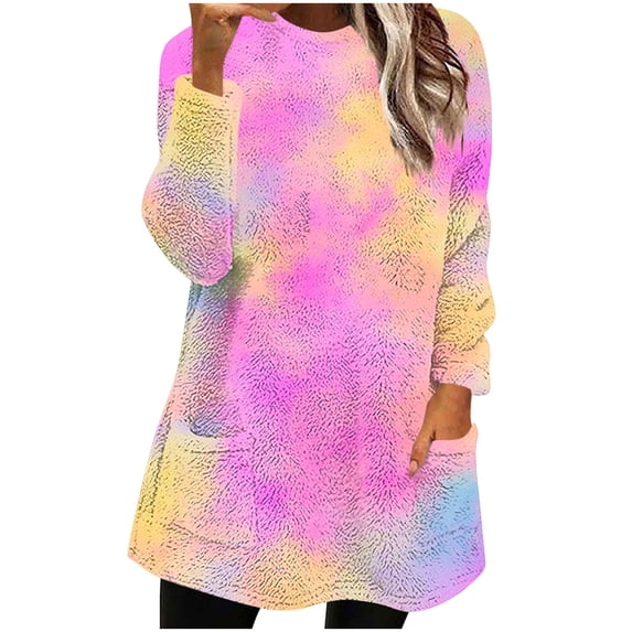 Womens Long Sweatshirts Sherpa Fleece Tunic Tops with 2 Pockets Tie Dye Multicolor Casual Trendy Fuzzy Sweaters (M, Hot Pink)