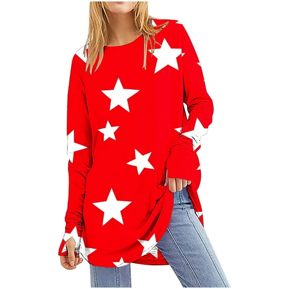 Womens Long Sweatshirts for Leggings Crew Neck Star Print Tops Fall Casual Loose Long Sleeve Pullover Shirts (Red L)