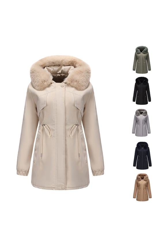Womens Long Thick Coat Full Zip Faux Fur Hooded Jacket Waist Cinching Mid Length Coats Plus Size Causal Jackets Fall Winter Solid Color Trendy Outerwear with Pockets