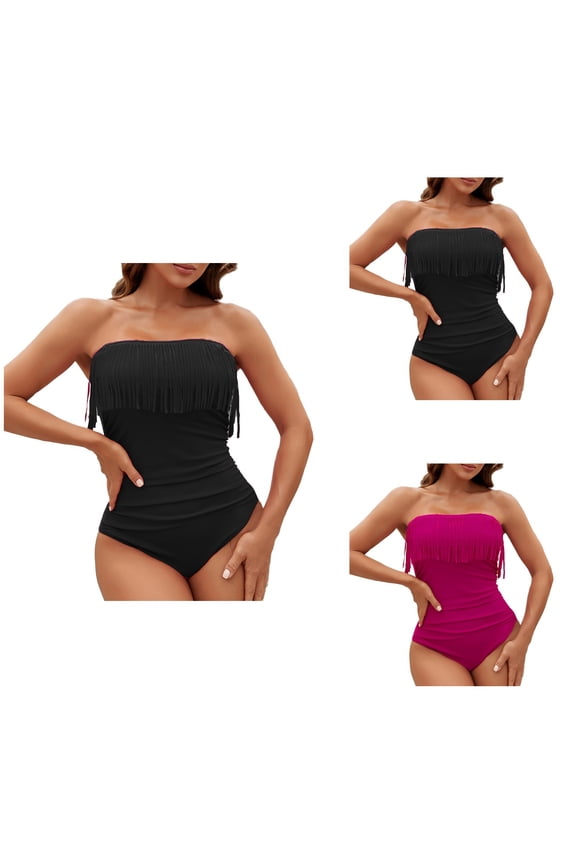 Womens Long Torso Solid Bandeau One Piece Swimsuit with Underwire Bra, Tummy Control & Removable Straps - Strapless Monokini with Fringe