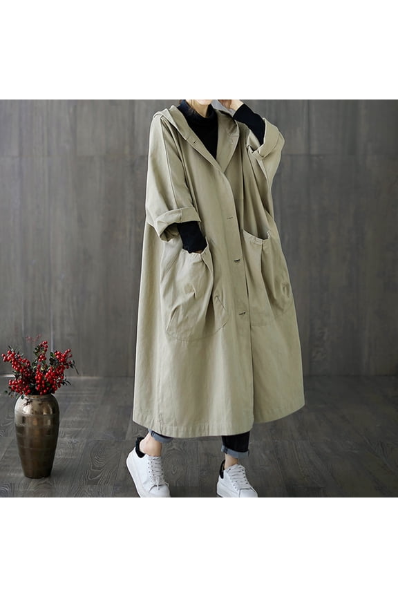 Womens Long Trench Coat Midi Length Overcoat Casual Jacket for Women plus Size Fashion Women Outfits plus Size Western Jacket Winter Women Tan Jacket Wool Lined Hood Solid Casual Coat with Pocket