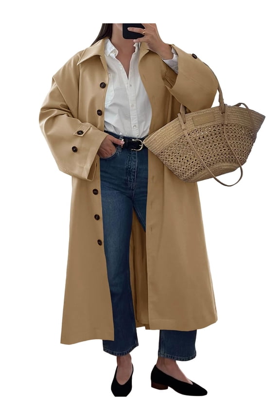 Womens Long Trench Coat Single Breasted Oversized Windproof Classic Lapel Fall Overcoat