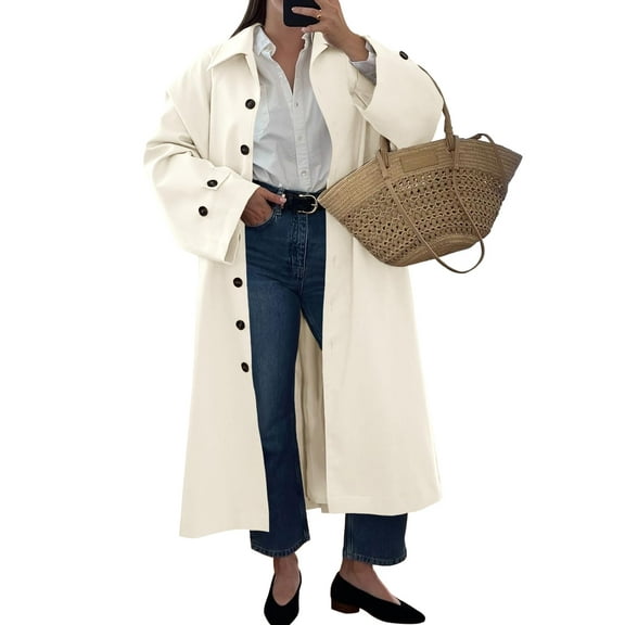 Womens Long Trench Coat Single Breasted Oversized Windproof Classic Lapel Fall Overcoat