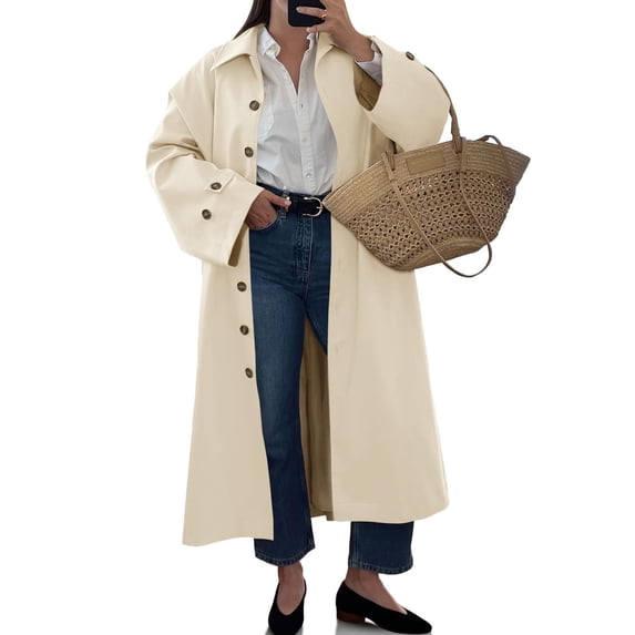 Womens Long Trench Coat Single Breasted Oversized Windproof Classic Lapel Fall Overcoat