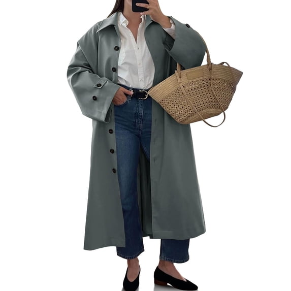 Womens Long Trench Coat Single Breasted Oversized Windproof Classic Lapel Fall Overcoat