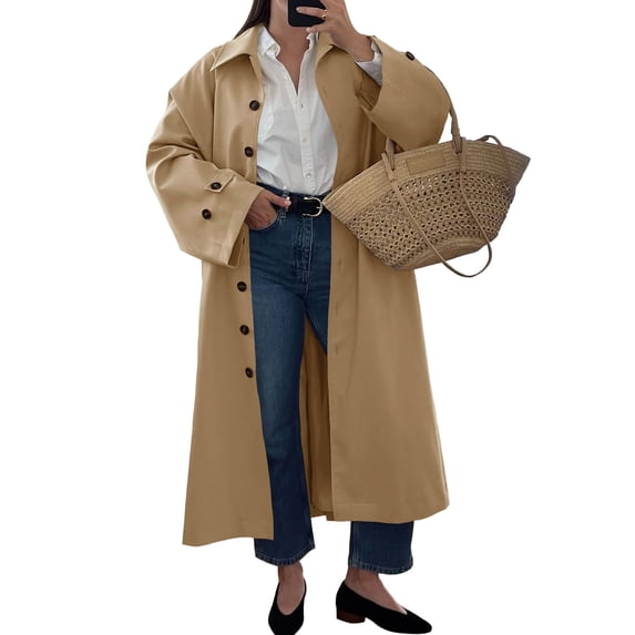 Womens Long Trench Coat Single Breasted Oversized Windproof Classic Lapel Fall Overcoat