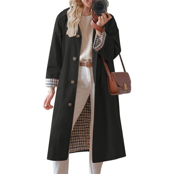 Womens Long Trench Coat Single Breasted Oversized Windproof Overcoat Fashion Outerwear Black S