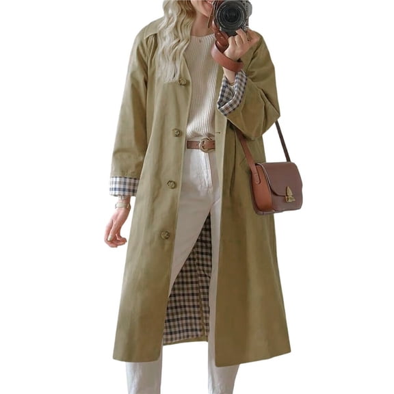 Womens Long Trench Coat Single Breasted Oversized Windproof Overcoat Fashion Outerwear Khaki L