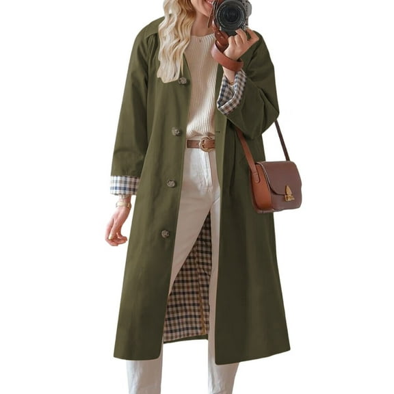 Womens Long Trench Coat Single Breasted Oversized Windproof Overcoat Fashion Outerwear Olive Green L