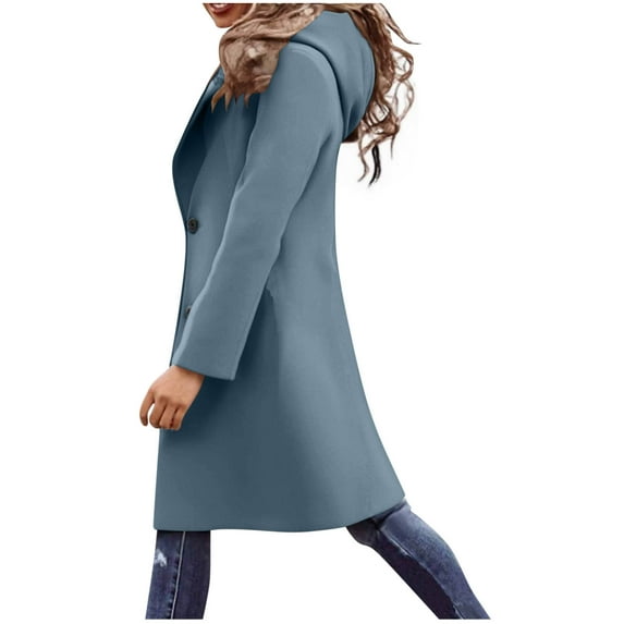 Womens Long Trench Coat Solid Color Loose Long Sleeve Lapel Collar Hooded Jackets Fall Winter Elegant Outerwear New Light Jackets for Women Blue XL