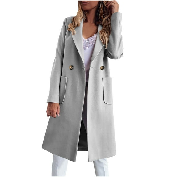 Womens Long Trench Coat Woolen Dressy Casual Notch Lapel Peacoat Mid Length Overcoat Winter Jackets with Pockets, Gray XL