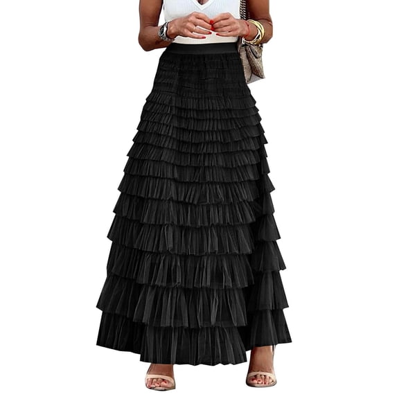 Womens Long Tulle Skirt A Line Ruffle Tiered Layered Skirts High Waisted Flowy Fairy Tutu Maxi Skirts