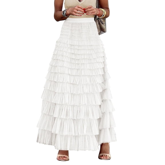 Womens Long Tulle Skirt A Line Ruffle Tiered Layered Skirts High Waisted Flowy Fairy Tutu Maxi Skirts