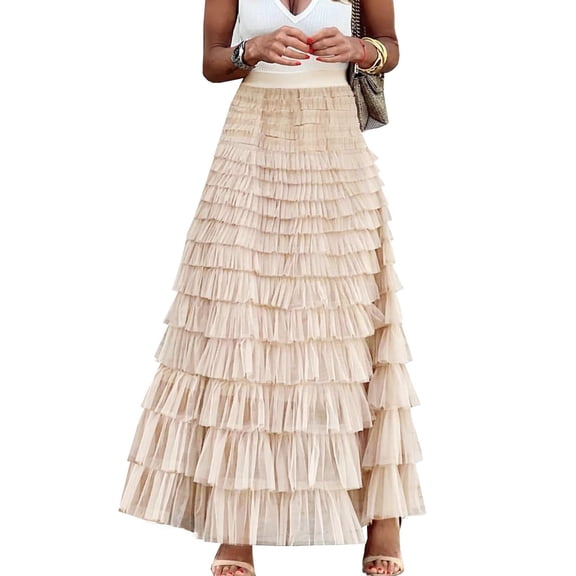 Womens Long Tulle Skirt A Line Ruffle Tiered Layered Skirts High Waisted Flowy Fairy Tutu Maxi Skirts