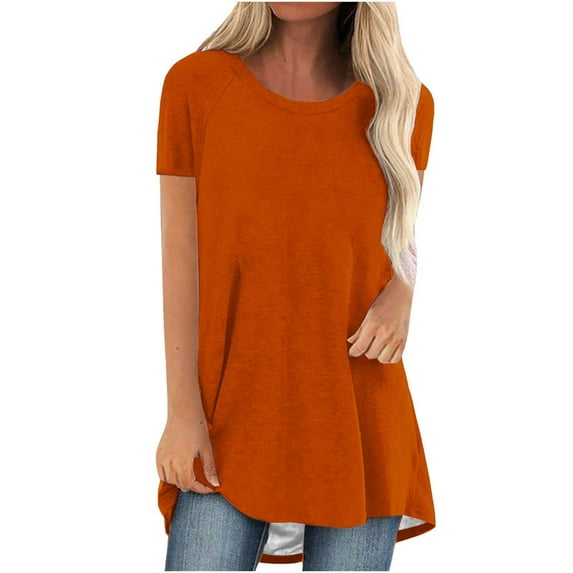Womens Long Tunics Tops to Wear with Leggings Short Sleeve Crew Neck Blouses Shirts