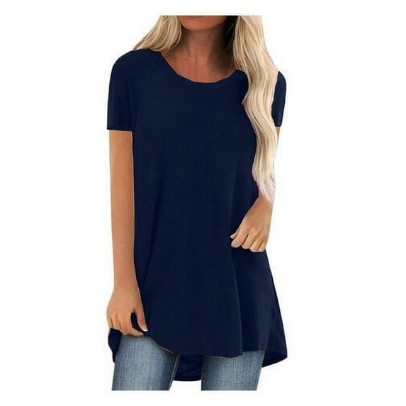Womens Long Tunics Tops to Wear with Leggings Summer Casual Loose Fit Round Neck Blouses Shirt T-Shirt Long T-Shirt