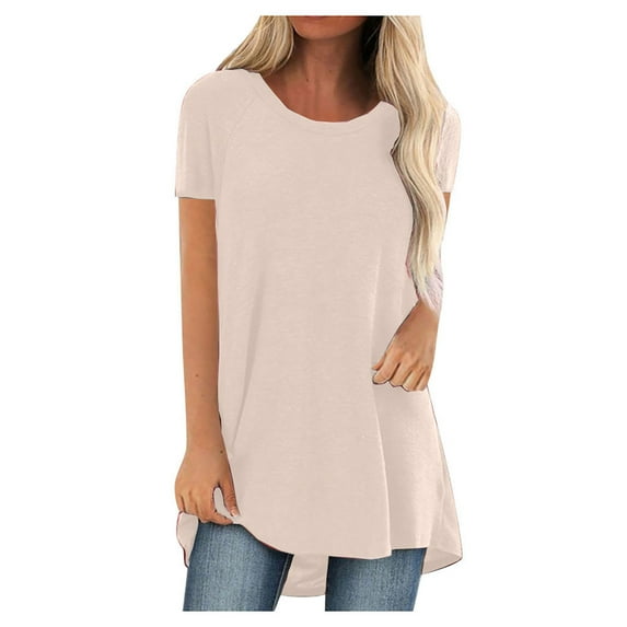 Womens Long Tunics Tops to Wear with Leggings Summer Casual Loose Fit Round Neck Blouses Shirt T-Shirt Long T-Shirt