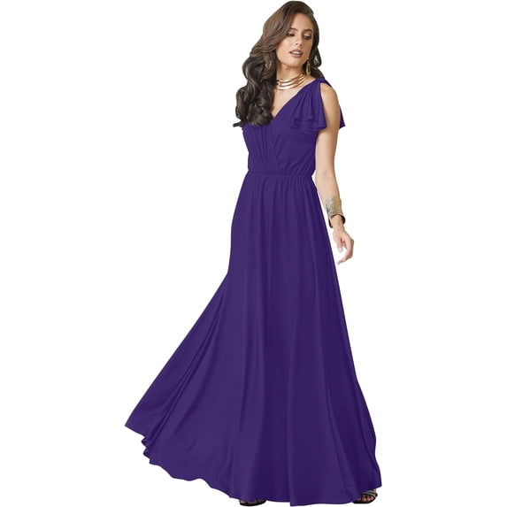 Womens Long V-Neck Ruffle Sleeveless Bridesmaid Prom Gown Maxi Dress
