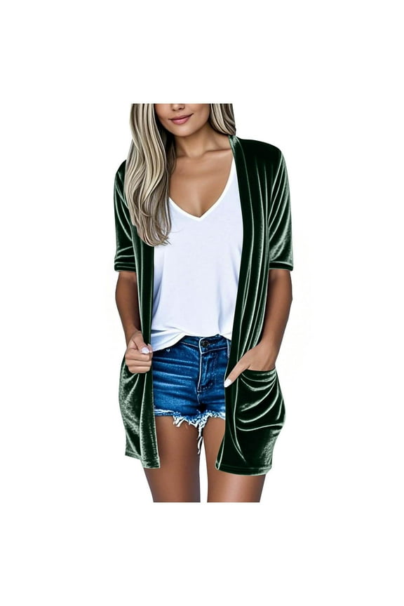 Womens Long Velvet Cardigan Jacket Casual Open Front Velour Cardigan Blazer Duster Outwear Sweater with Pockets
