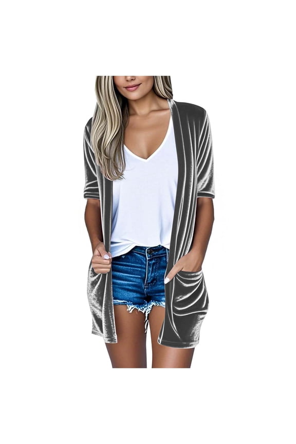 Womens Long Velvet Cardigan Jacket Casual Open Front Velour Cardigan Blazer Duster Outwear Sweater with Pockets
