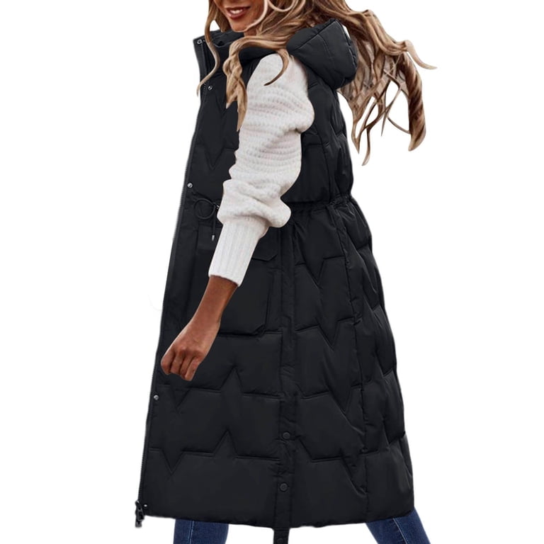 Womens Long Vest Fall Winter Trendy Zip Up Sleeveless Down Coat Solid Color  Hooded Warm Pocket Outerwear Black L - Walmart.com