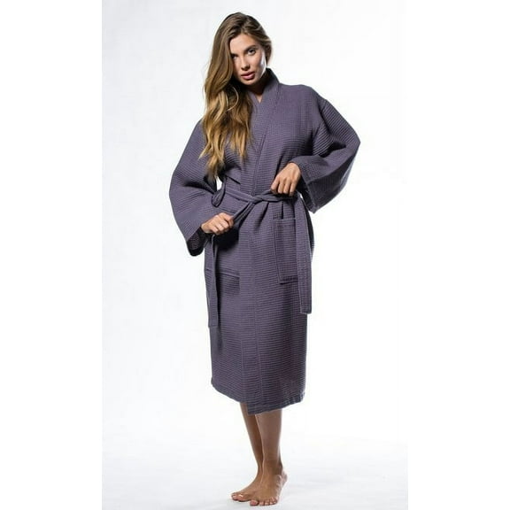 Womens Long Waffle Kimono Lightweight Cotton Robe, Hotel Spa Bathrobe for Women  - Adult - Unisex - Charcoal - XXL